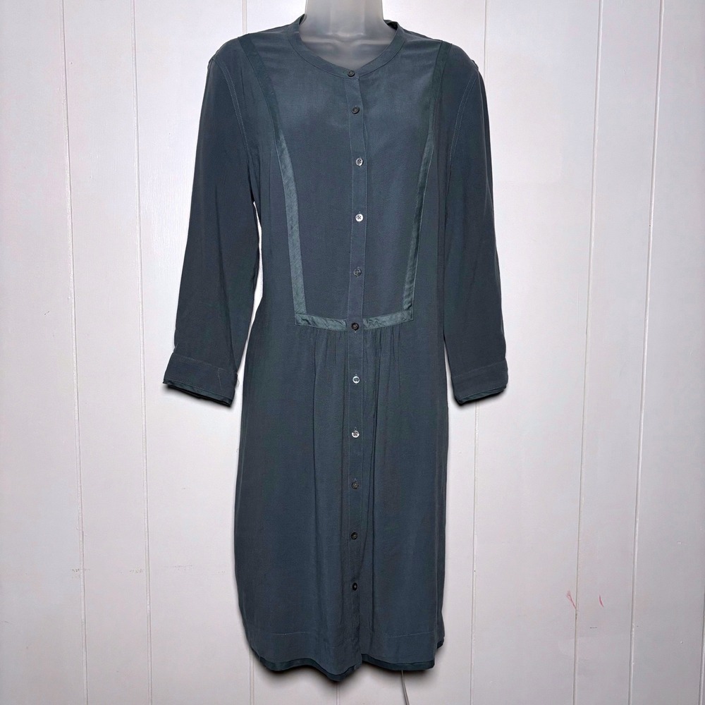 Poetry Tencel Linen Button Front Midi Dress Slate Blue Sz 8 Minimalist Lagenlook